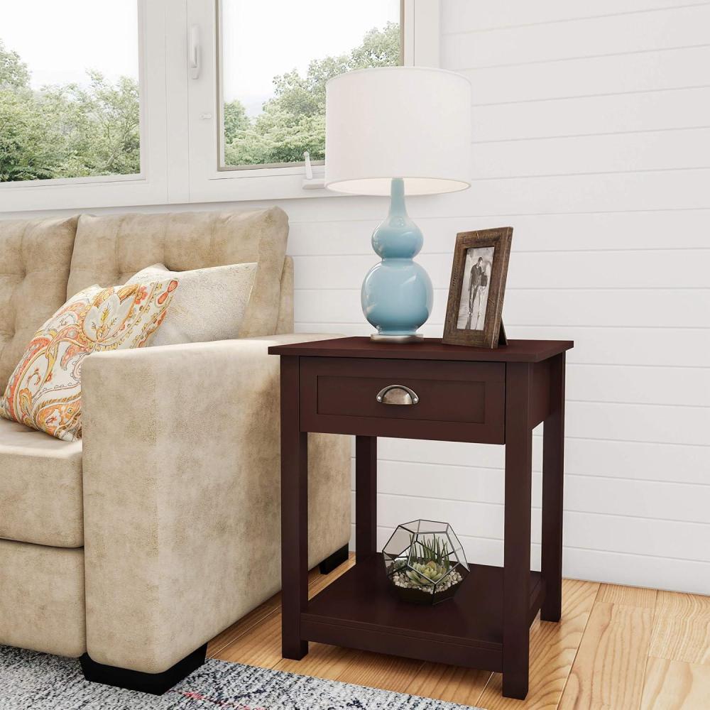 imageLavish Home End Tables with Drawer Set of 2 Sofa or Bedside Tables with Storage Shelf Shaker Style Wooden Nightstand or Side Table Pair BrownUmber Brown