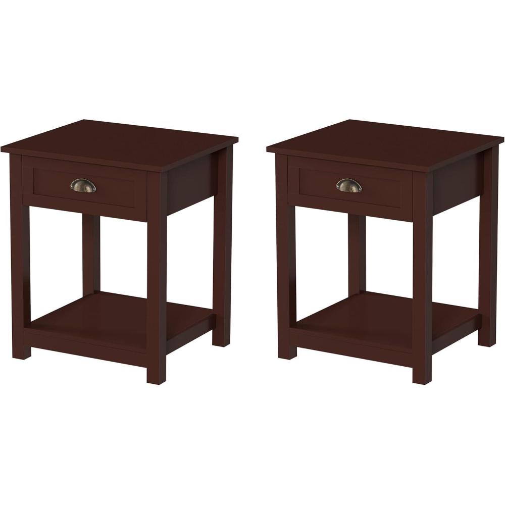 imageLavish Home End Tables with Drawer Set of 2 Sofa or Bedside Tables with Storage Shelf Shaker Style Wooden Nightstand or Side Table Pair BrownUmber Brown Set of 2