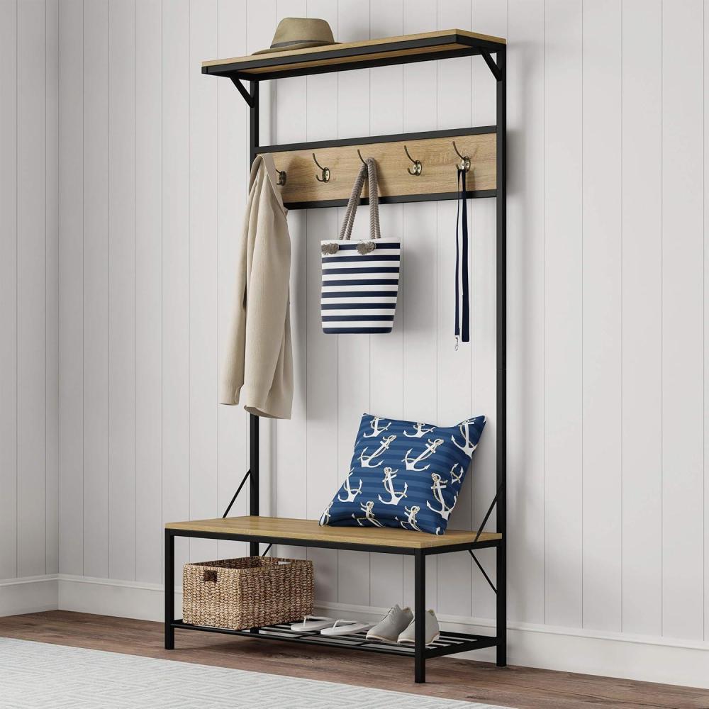 imageLavish Home Entryway Bench with Coat Rack Metal Hall Tree with Seat Hooks and Shoe Storage Rustic Farmhouse Freestanding Mudroom FurnitureSand Woodgrain