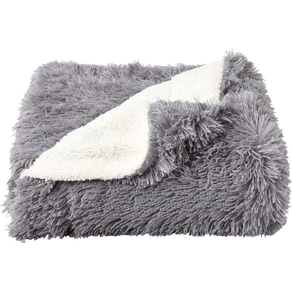 imageLavish Home Faux Long Pile Rabbit Fur Throw Blanket with Sherpa Back Luxurious Soft Hypoallergenic for Couch Bed Dcor 60x70 in WhiteGray and Cream