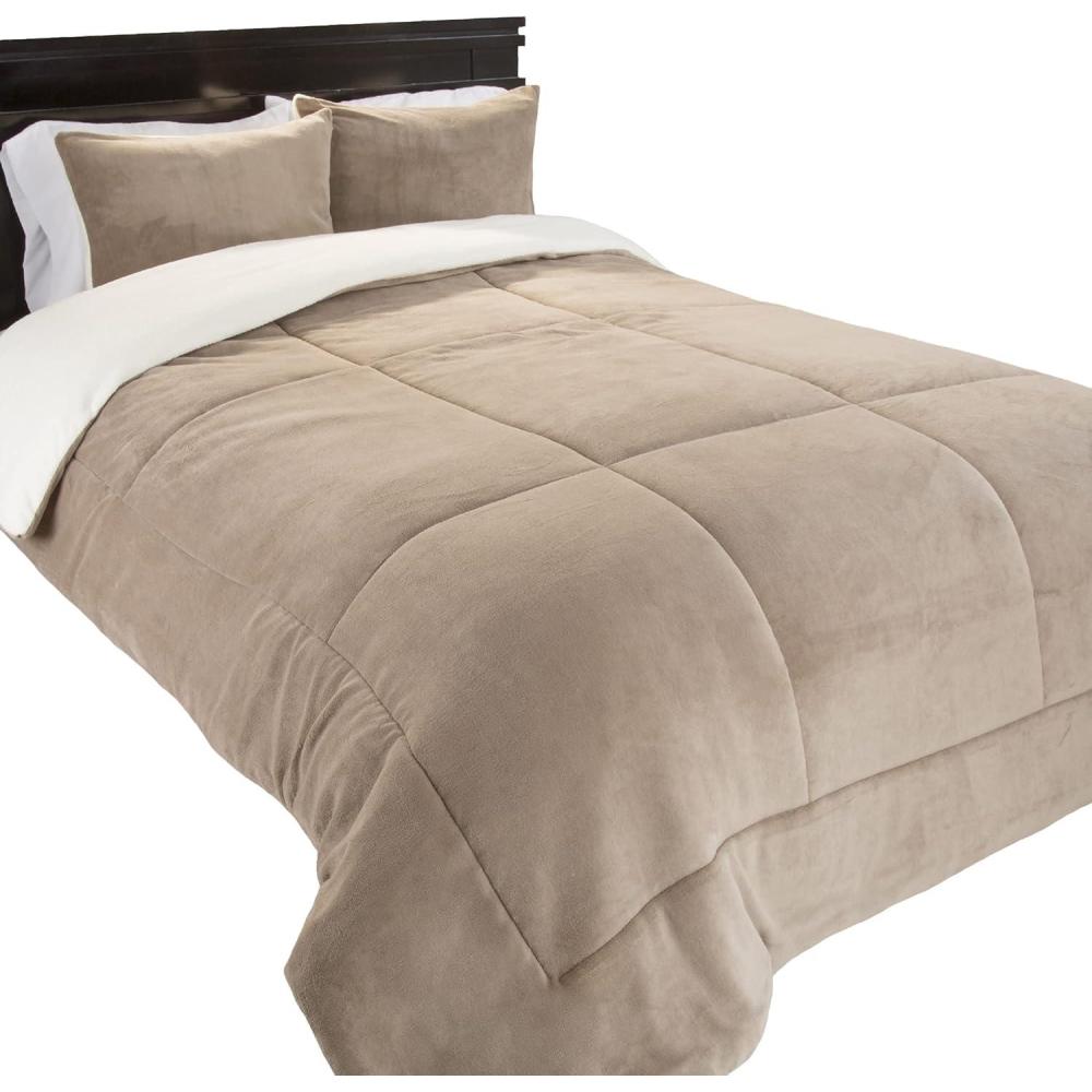 imageLavish Home FullQueen Comforter Set 3Piece Sherpa and Fleece Bedspread with Pillow Shams Warm Cozy MachineWashable Bedding Taupe