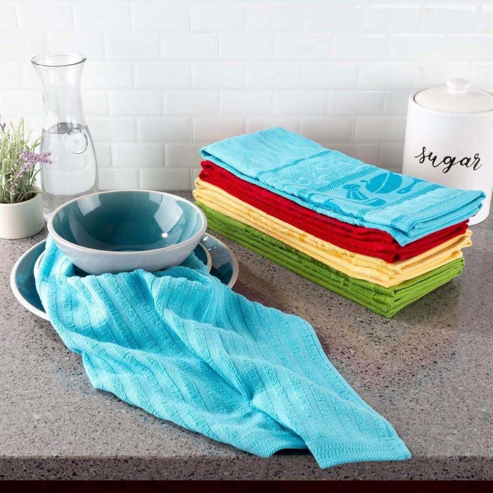 imageLavish Home Kitchen Dish Towels Set of 816 x28 Absorbent 100 Cotton Hand TowelKitchen Icon Design in 4 Colors ampamp 4 Solid Dishtowels for Drying