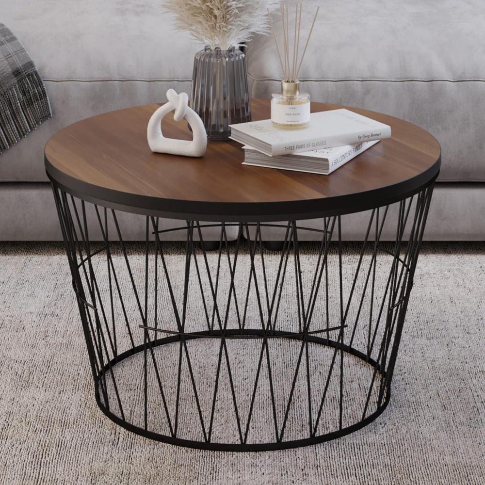 imageLavish Home Round Coffee Table with Geometric Metal Base Small Modern Accent Furniture for Living Room MidCentury Coffee Table BrownBlack