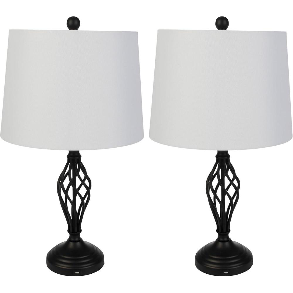 imageLavish Home Set of 2 Table Lamps Modern Lamps with USB Charging Ports and LED Bulbs for Living Room Office or Bedroom Decor BlackBlack