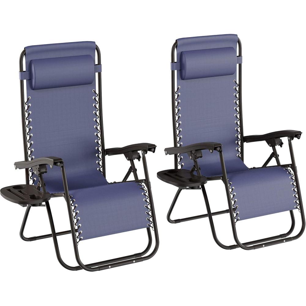 imageLavish Home Set of 2 ZeroGravity Chairs Folding Patio Furniture Outdoor Recliners with Side Table Cup or Phone Holder and Chair Pillow Navy