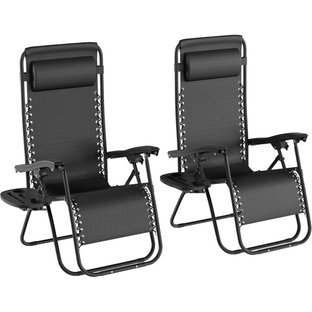 imageLavish Home Set of 2 ZeroGravity Chairs Folding Patio Furniture Outdoor Recliners with Side Table CupPhone Holder and Chair Pillow Black