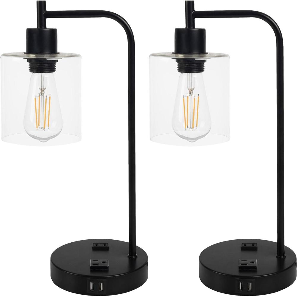 imageLavish Home Table Lamp Industrial Lamp with USB Charge Ports Touch Control and Edison Bulb for Living Room Office or Bedroom Decor BlackBlack Set of 2