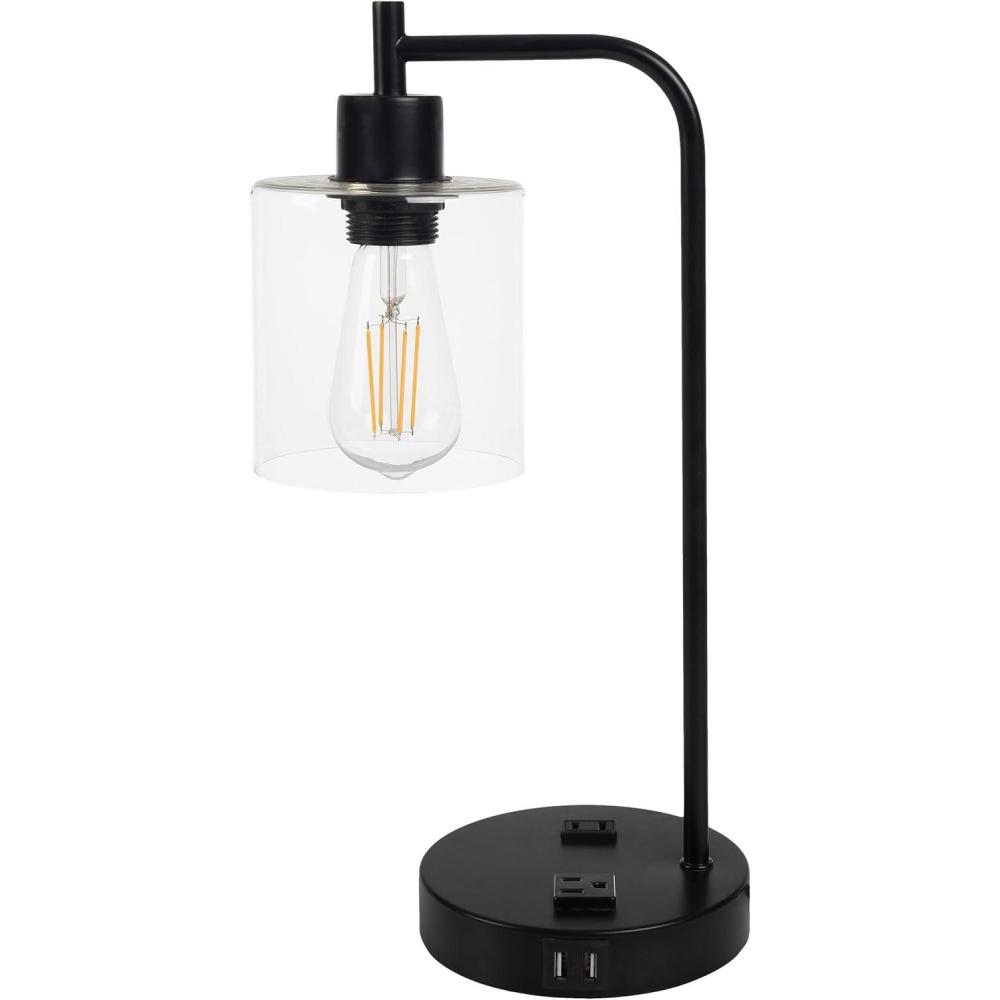 imageLavish Home Table Lamp Industrial Lamp with USB Charge Ports Touch Control and Edison Bulb for Living Room Office or Bedroom Decor BlackBlack Single Lamp