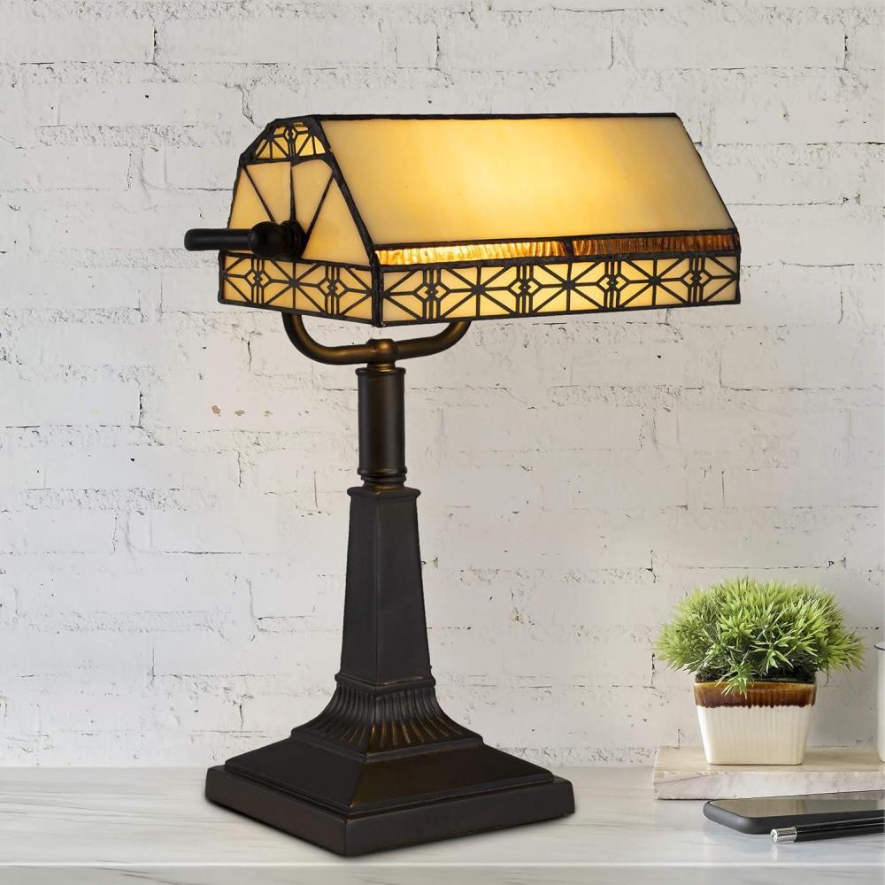 imageLavish Home TiffanyStyle Bankers Lamp VintageLooking MissionStyle Table or Desk LED Light with Stained Glass Shade Dark Brown