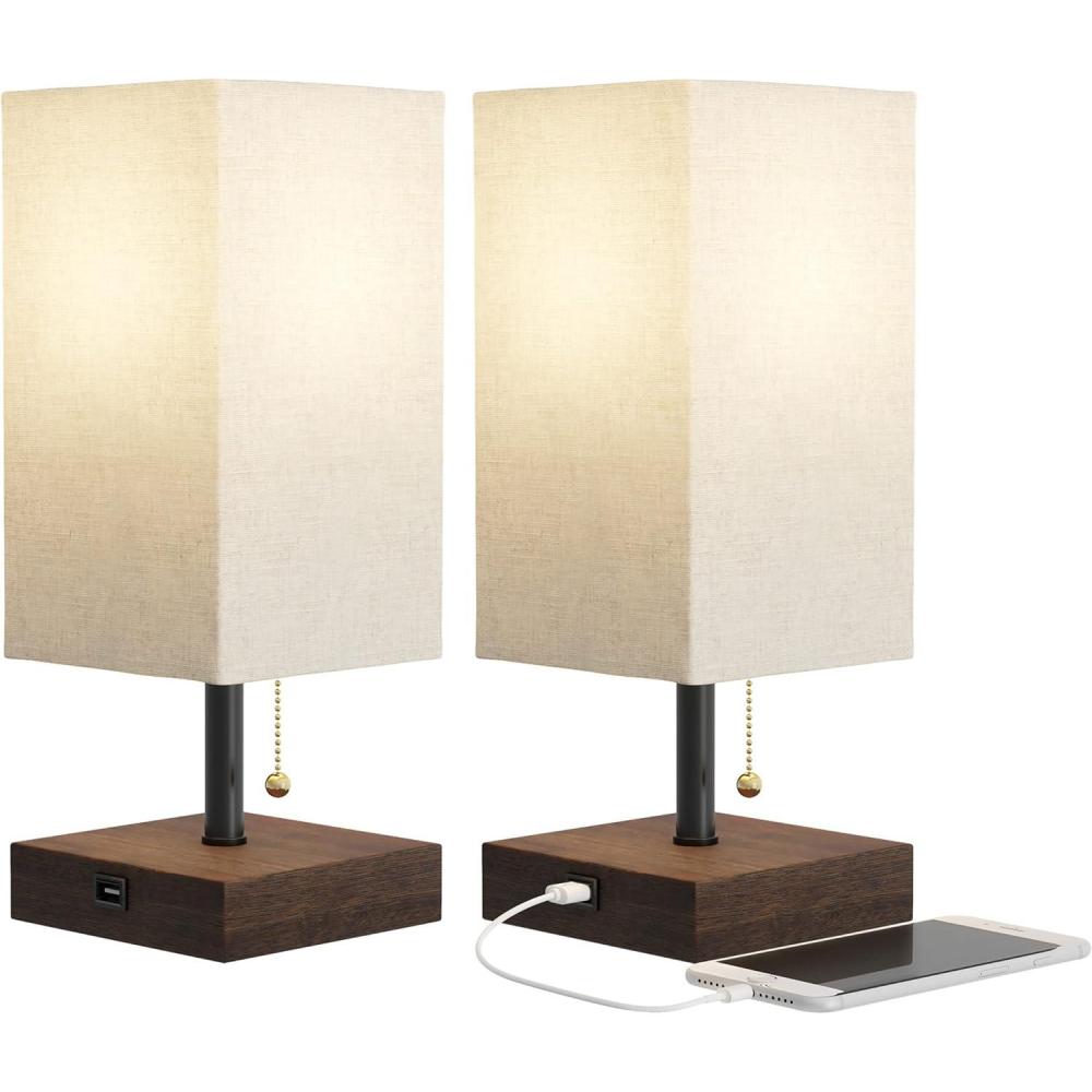 imageLavish Home USB Rectangle Lamp with Wood BaseModern Desk Light LED Bulb Included USB Port for Living Room Bedroom OfficeSet of 2