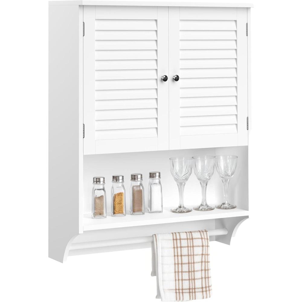 imageLavish Home Wall Mounted Kitchen Storage Cabinets Medicine Cabinet or OvertheToilet Shelf with Stylish Shutter Doors and Towel Bar White