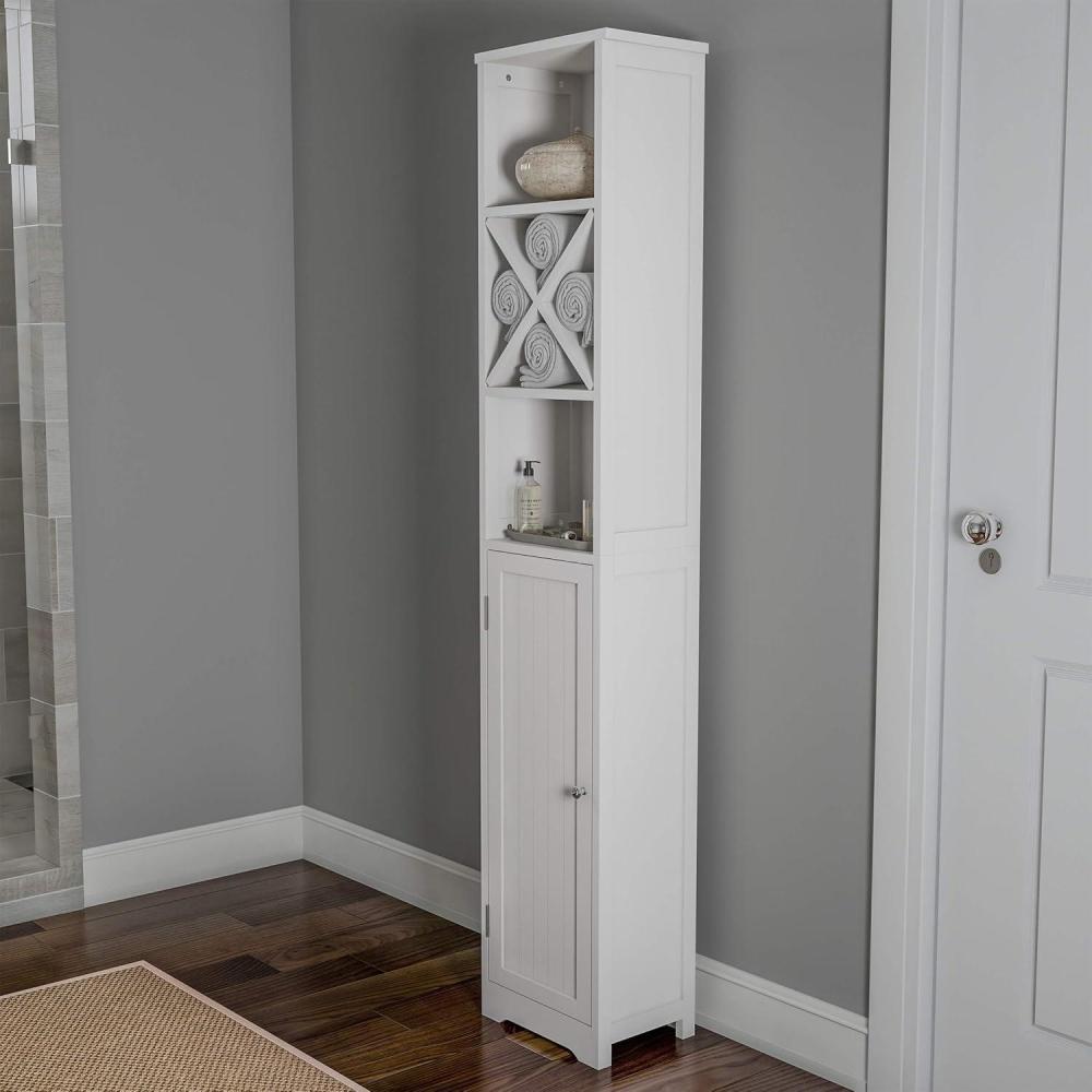 imageLinen Tower 67 Tall Bathroom or Laundry Room Storage Cabinet with Cubbyhole Divider for TowelsAdjustable Shelves ampamp Cupboard by Lavish Home White