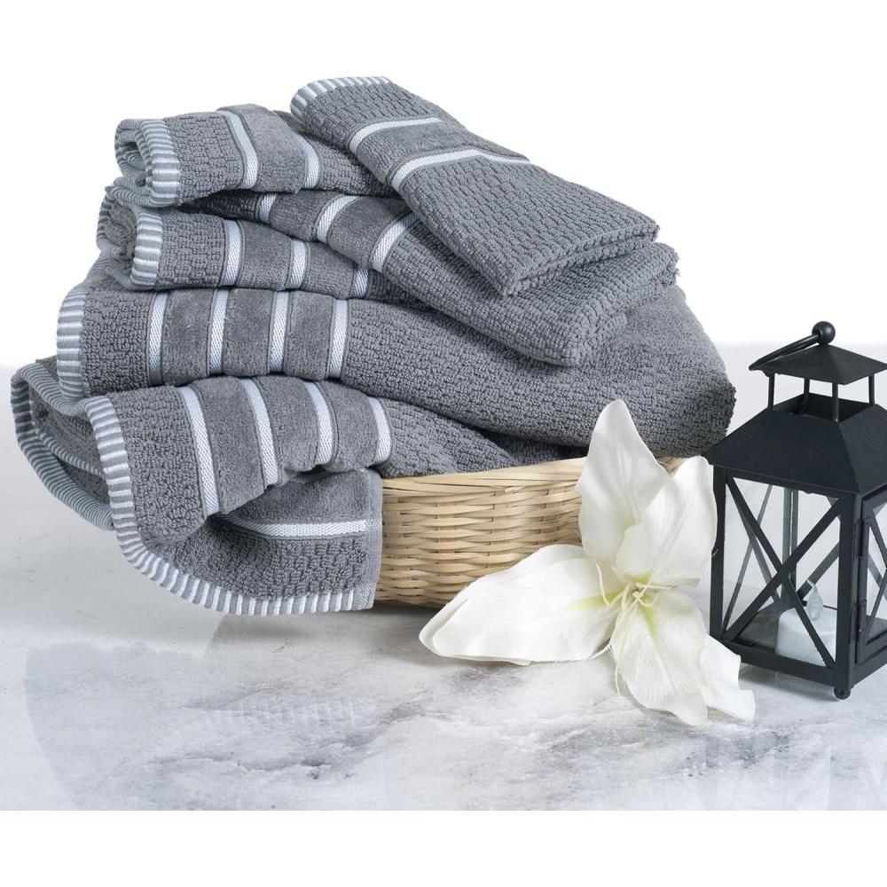 imageLuxury Cotton Towel Set Rice Weave 100 Egyptian Cotton 6 Piece Set with 2 Bath Towels 2 Hand Towels and 2 Washcloths BlackSilver Gray