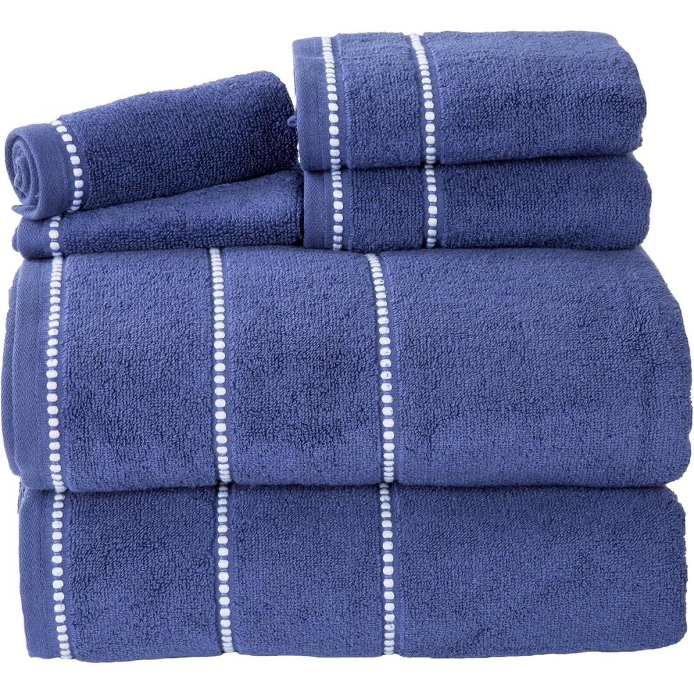 imageLuxury Cotton Towel Set Quick Dry Zero Twist and Soft 6 Piece Set With 2 Bath Towels 2 Hand Cloths and 2 Washcloths By Lavish Home Navy White 12quot x 12quot