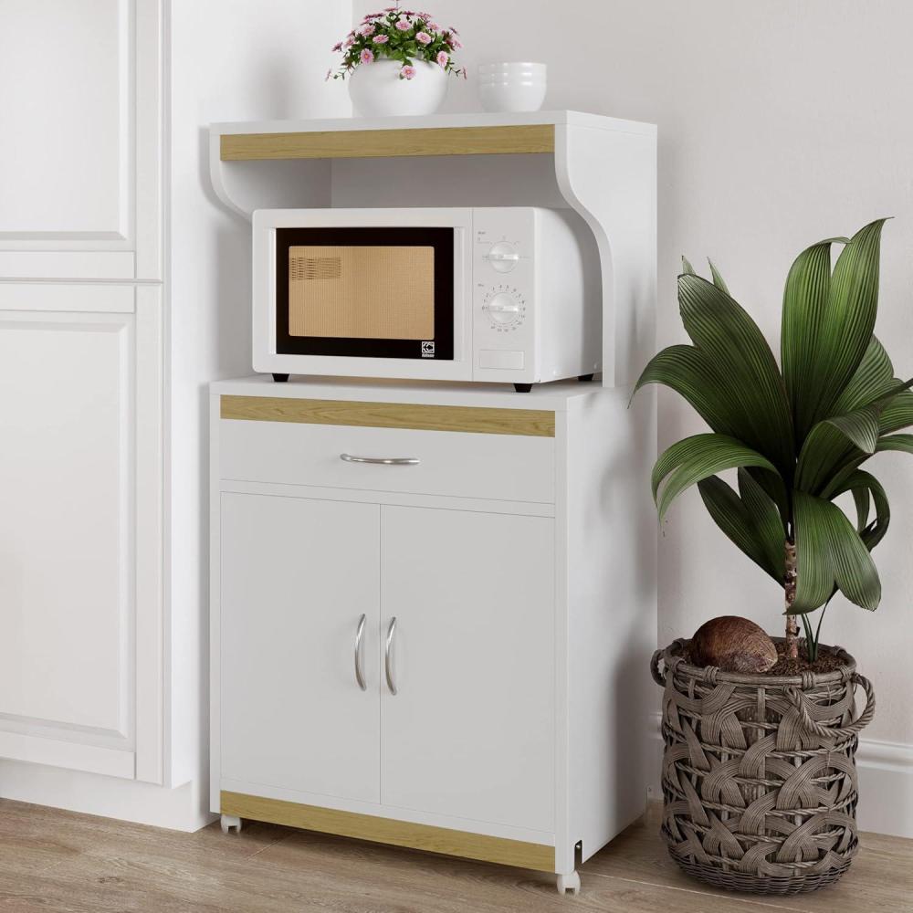 imageMicrowave Stand with Storage Rolling White Cabinet with Doors Drawer and Locking Wheels Freestanding Wood Cart by Lavish Home White and OakWhite and Oak
