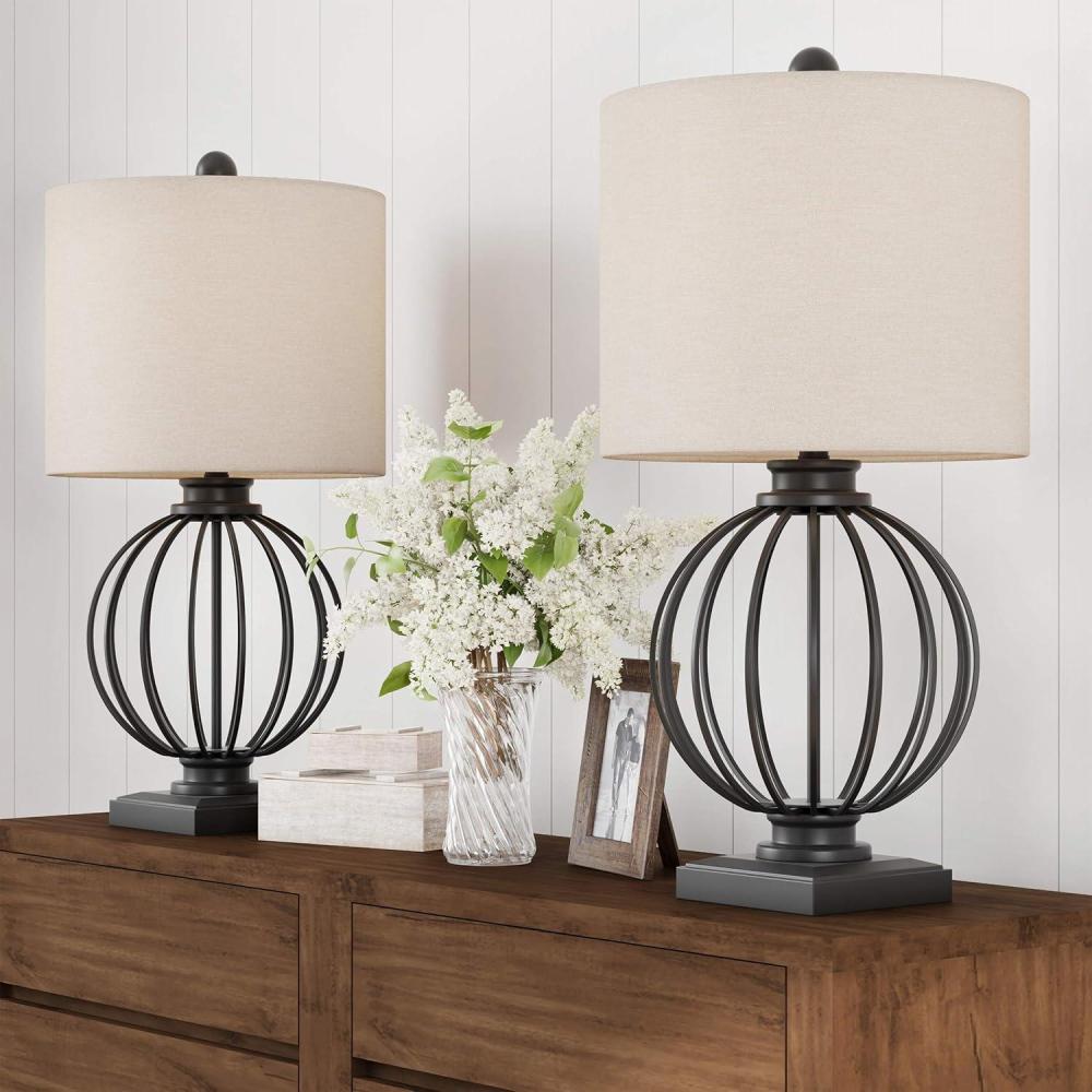 imageModern Table Lamps Set of 2 Wrought Iron Open Cage Lights with LED Bulbs Rustic Farmhouse Style for Living Room or Bedroom by Lavish Home Black