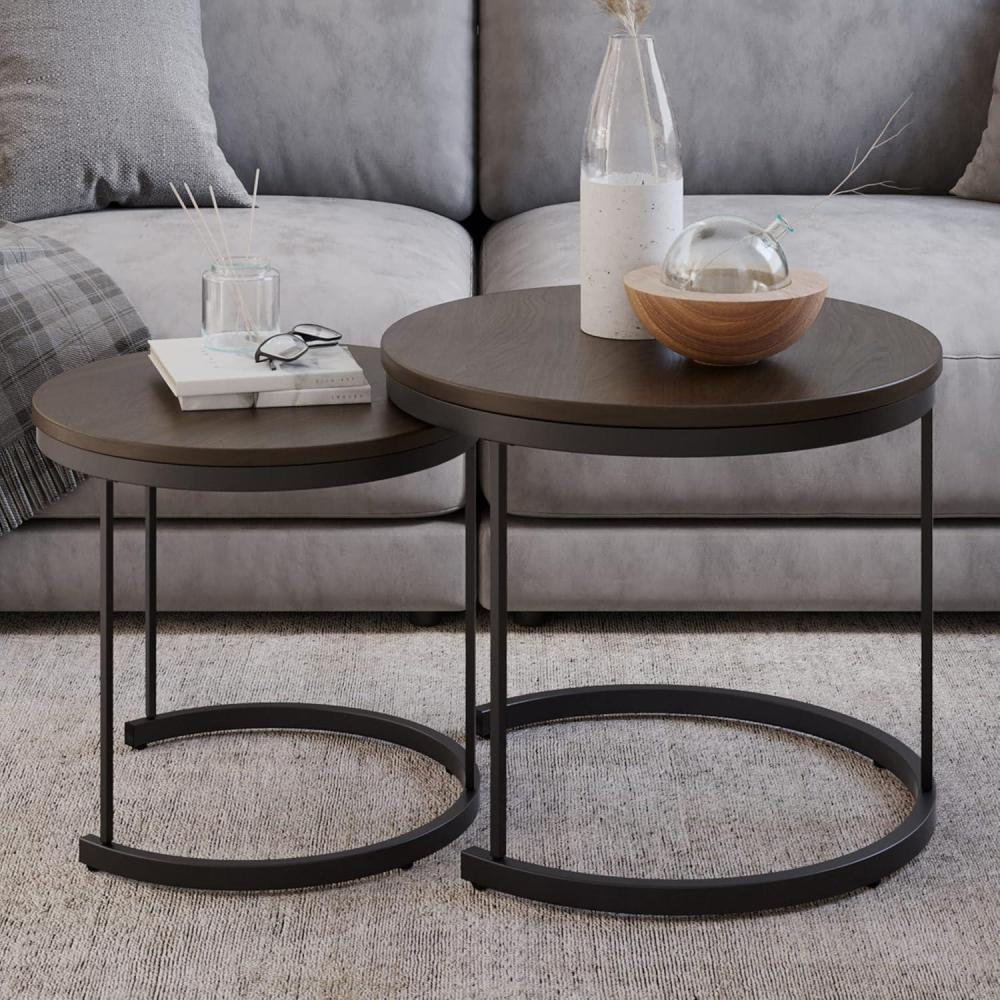 imageNesting Coffee Table Set Set of 2 Small Round Tables Nest Together for Saving Space Modern Industrial Living Room Tables by Lavish Home Brown
