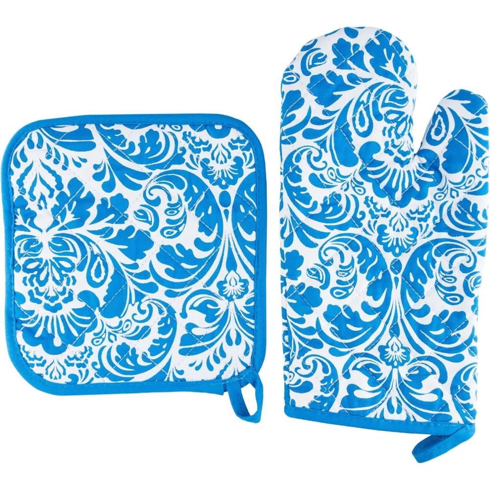 imageOven Mitt And Pot Holder Set Quilted And Flame And Heat Resistant By Lavish Home BlueBlue