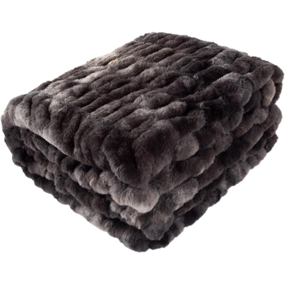 imageOversized Ruched Faux Fur Blanket 60x80Inch Jacquard Faux Fur QueenSize Throw for Sofas and Beds Luxurious Bedding by Lavish Home CreamBlack