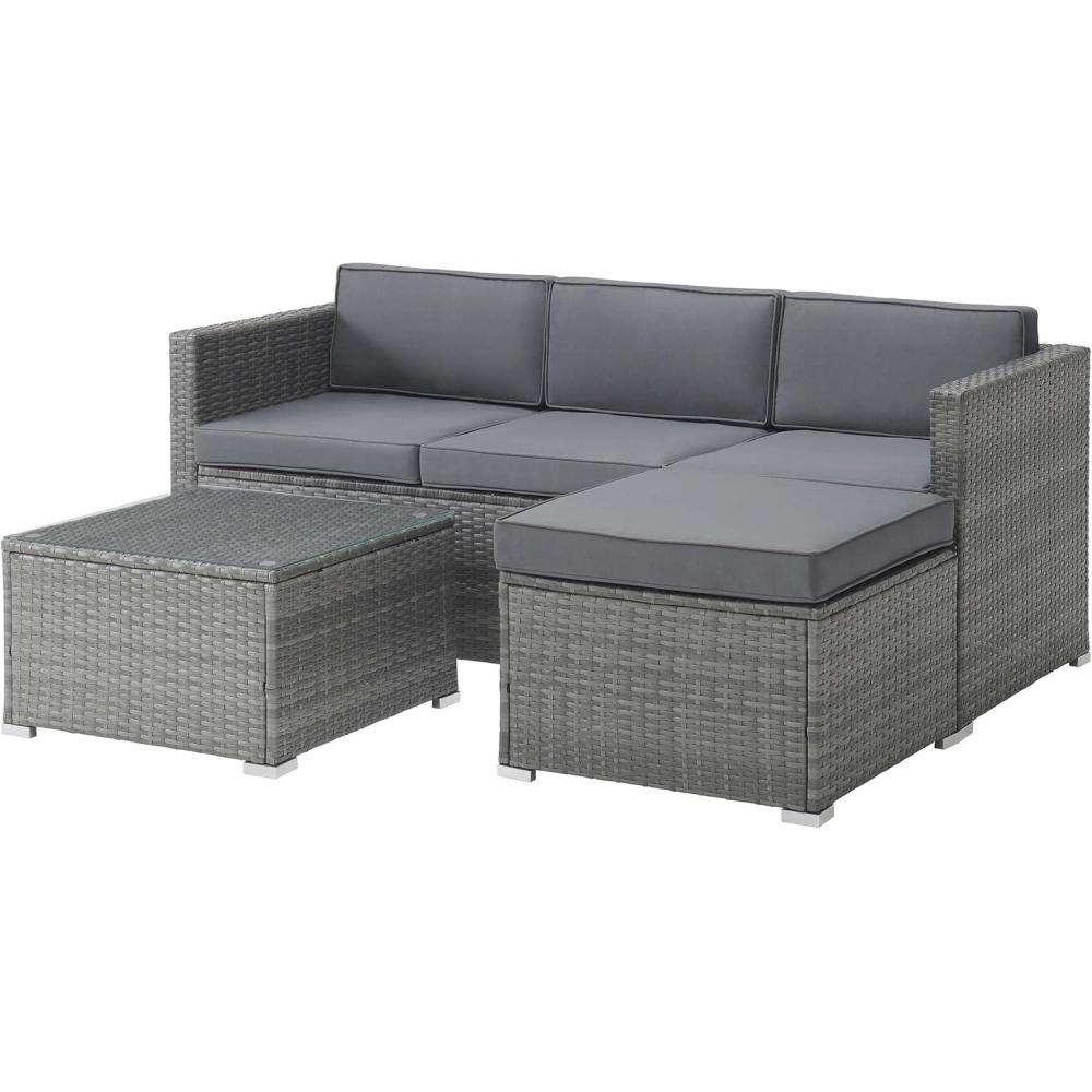 imagePatio Furniture Set 3Piece Rattan Outdoor Sectional Ottoman and Table Combo Deck Pool Sunroom or Backyard Furniture by Lavish Home Gray