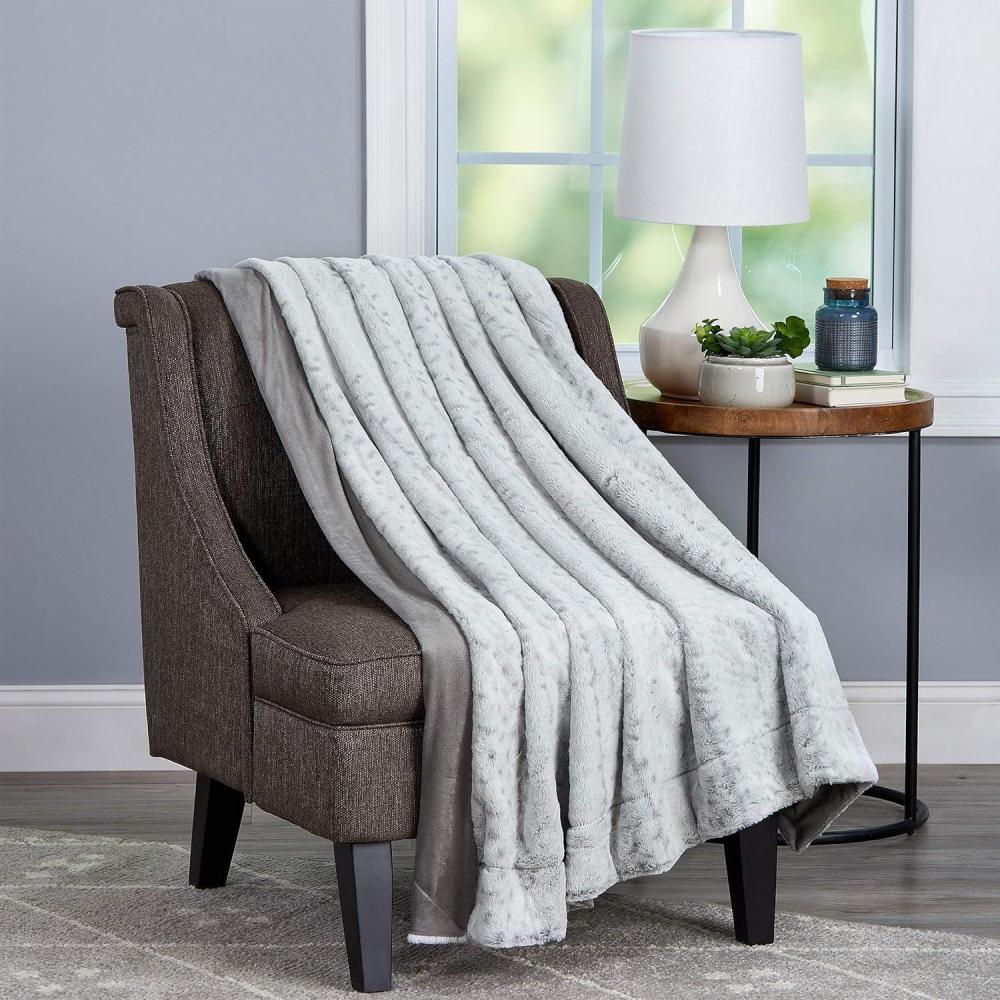 imagePlush Blanket for Home Decor  Hypoallergenic Jacquard Faux Rabbit Fur Throw with Sherpa Back for Sofas and Beds by Lavish Home Light BrownCloud Grey