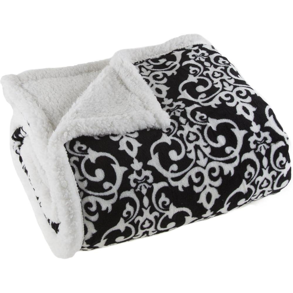 imageReversible Fleece Blanket 50Inch x 60Inch MachineWashable Sherpa Throw Cozy Blanket for Couch Chair or Bed by Lavish Home BlackWhite