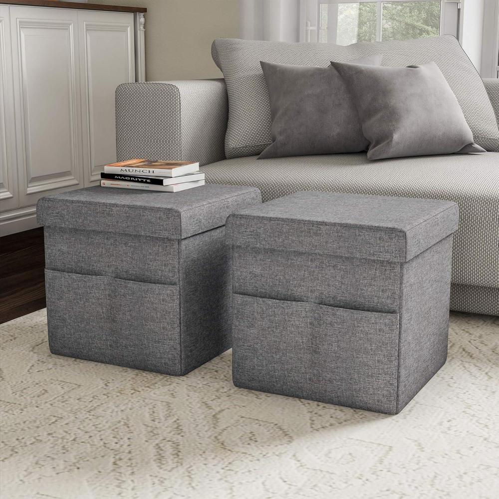 imageSet of 2 Ottomans with Storage Pockets 15Inch Folding Foot Rests or Storage Organizers for Bedroom Living Room or Dorm by Lavish Home BrownCharcoal Gray