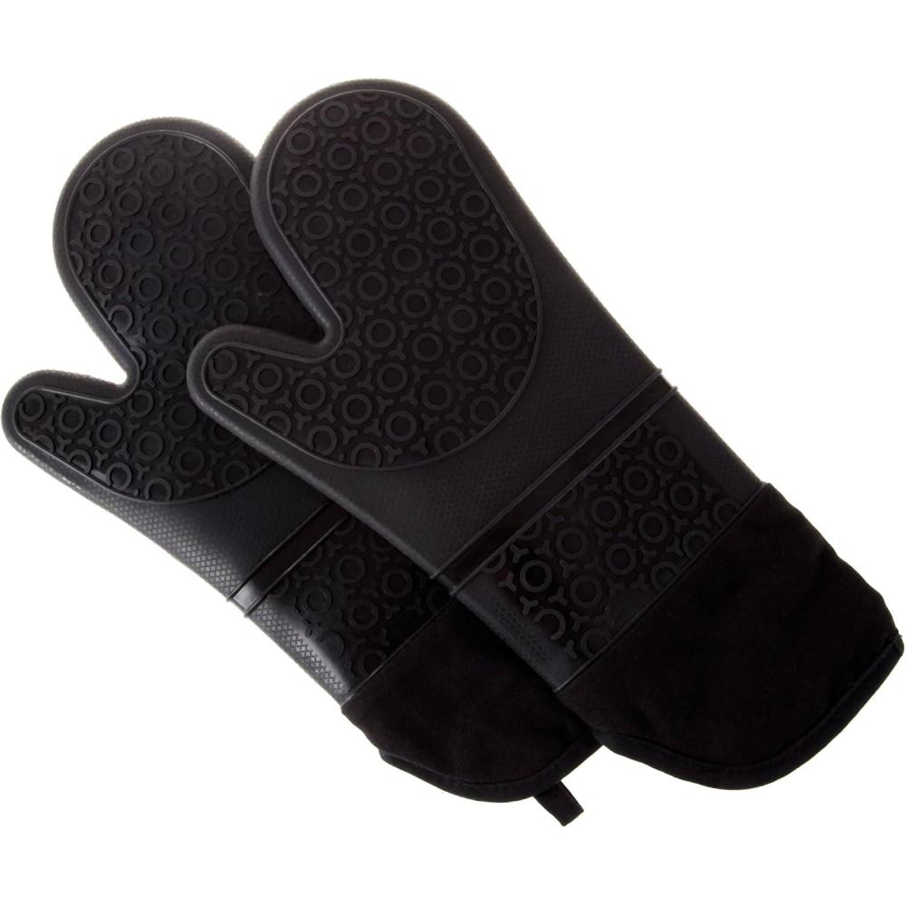 imageSilicone Oven Mitts Extra Long Professional Quality Heat Resistant with Quilted Lining and 2sided Textured Grip 1 pair Black by Lavish Home