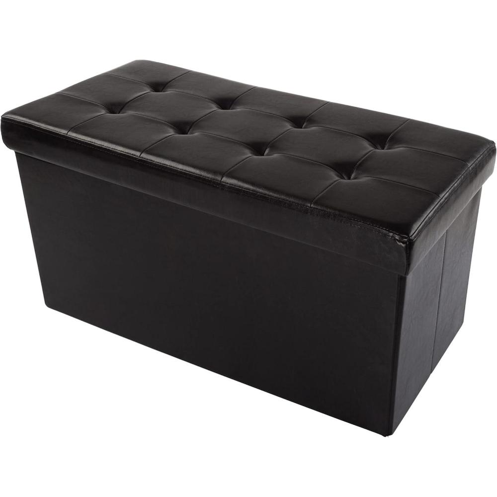 imageStorage Ottoman 30Inch Folding Faux Leather Footrest Linen Chest or Bench with Removable Bin for Living Room or Bedroom by HomeComplete BlackBlack
