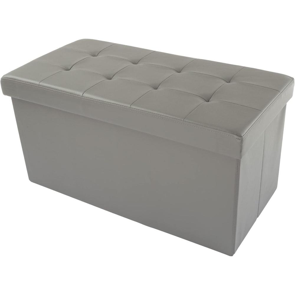imageStorage Ottoman 30Inch Folding Faux Leather Footrest Linen Chest or Bench with Removable Bin for Living Room or Bedroom by HomeComplete BlackGrey
