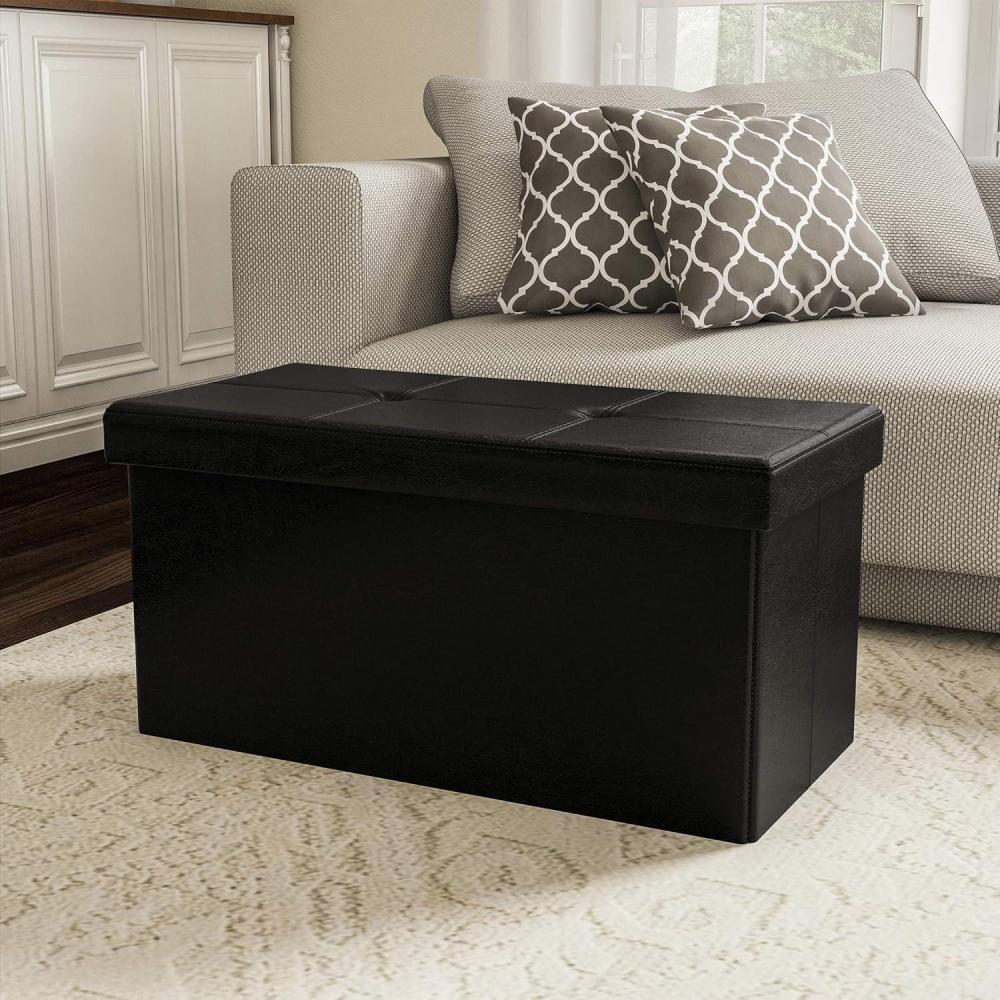 imageStorage Ottoman 30Inch Folding Faux Leather Footrest Linen Chest or Bench with Removable Bin for Living Room or Bedroom by Lavish Home BrownBlack