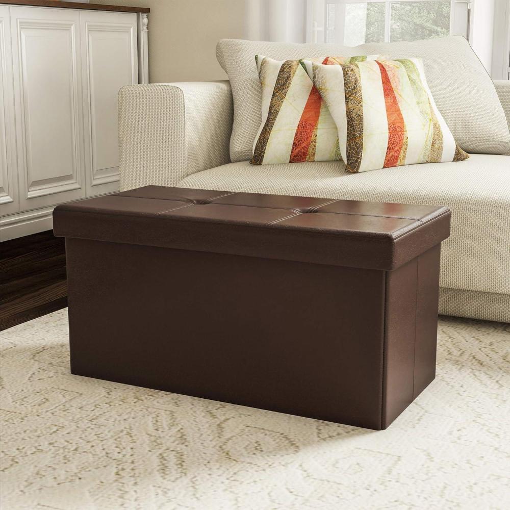 imageStorage Ottoman 30Inch Folding Faux Leather Footrest Linen Chest or Bench with Removable Bin for Living Room or Bedroom by Lavish Home BrownChocolate Brown