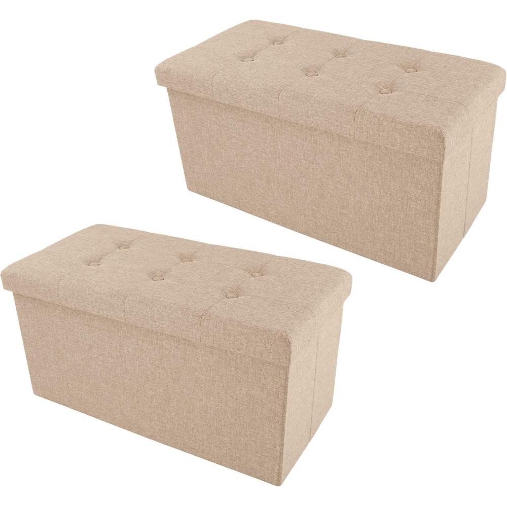 imageStorage Ottoman 30Inch Folding Tufted Footrest Linen Chest or Bench with Removable Bin for Living Room Bedroom or Dorm by Lavish Home GrayBeige