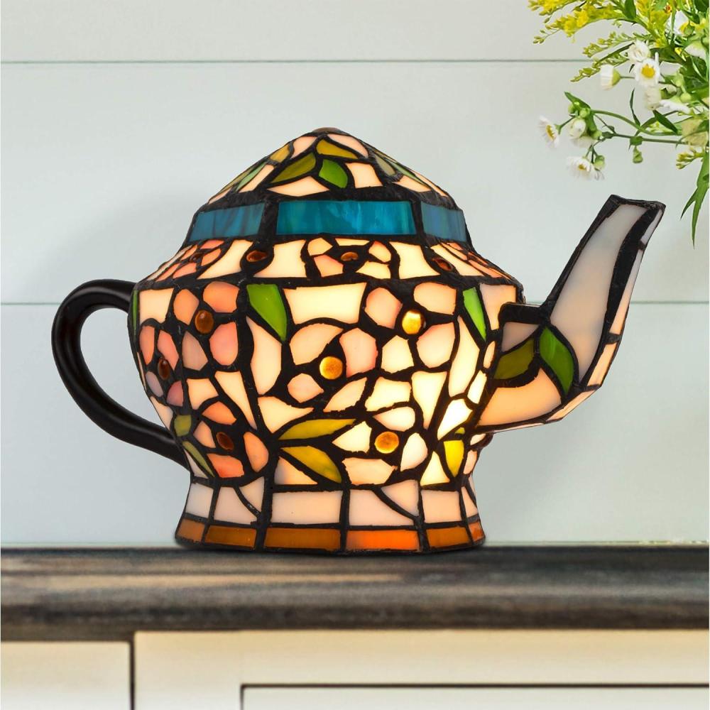 imageTeapot LampTiffany Style Stained Glass Table or Desk Light LED Bulb IncludedVintage Look Colorful Accent Dcor for Home or Office by Lavish Home