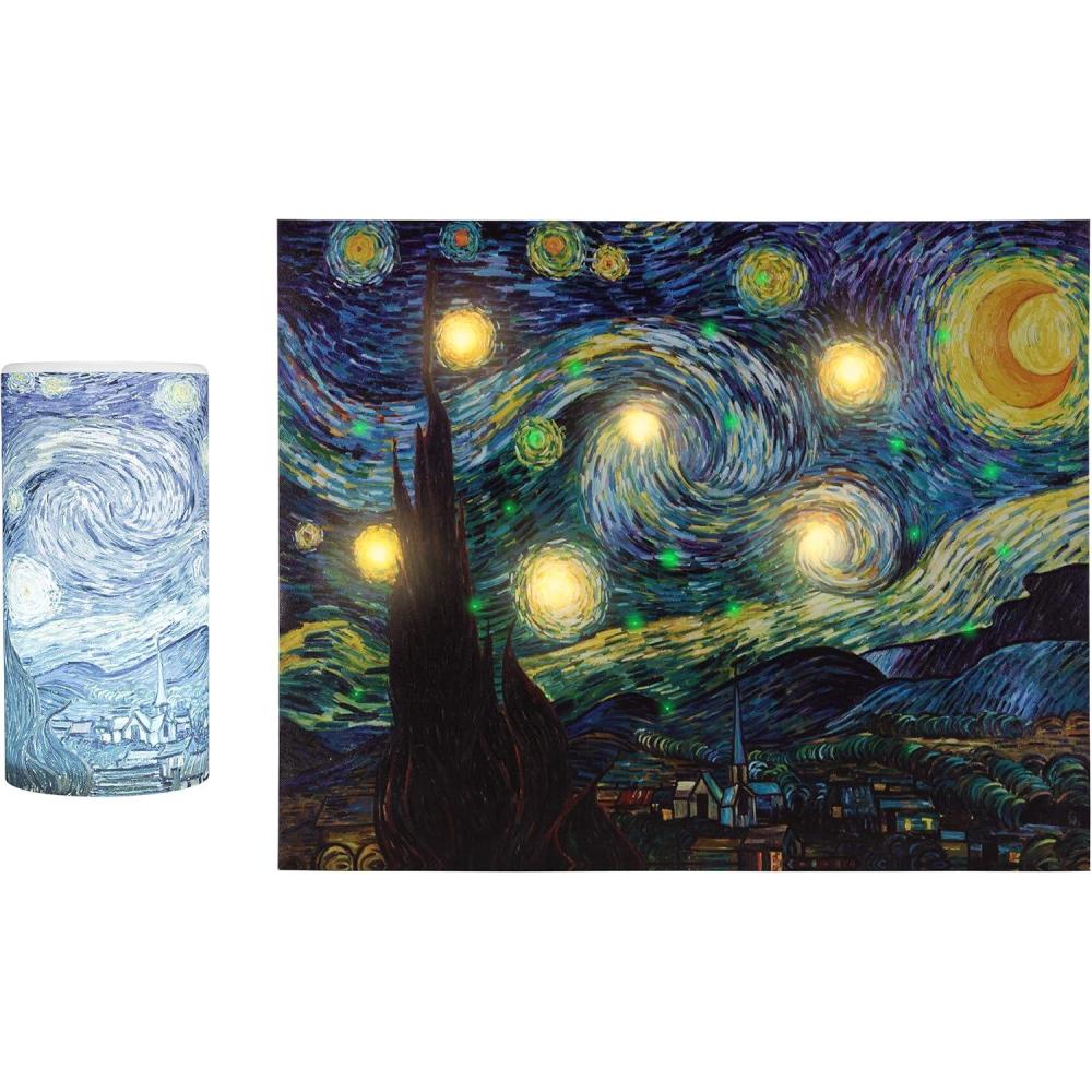 imageVan Gogh Wall Art Set Lighted Canvas Starry Night Print with Timer Fiber Optic Lights and LED Flameless Candle Home Dcor by Lavish Home 12x16