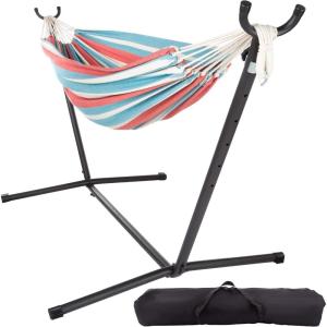 2-Person Hammock with Stand – Brazilian-Style Woven Cotton Swing – Single Hanging Bed with 450lbs Weight Capacity by Pure Garden (Blue/Red Stripe)