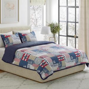 2-Piece Quilt Set – Nautical Americana Patchwork Print All-Season Soft Microfiber Bedspread – Twin Bedding with Pillow Sham by Lavish Home(Full/Queen)