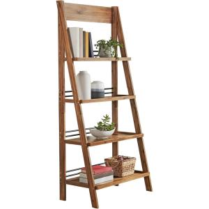 4-Tier Ladder Bookshelf – Freestanding Bookcase with Bar Back Frame – Shelves for Living Room, Kitchen, Bedroom, and Office by Lavish Home (Walnut)