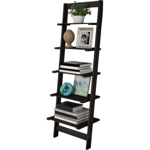 5-Tier Ladder Shelf – 50-Inch Narrow Leaning Bookshelf – Wooden Bookcase for Living Room, Bathroom, Kitchen, Office, or Bedroom Furniture by Lavish Home (Oak)(Black)