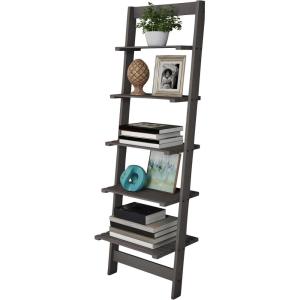 5-Tier Ladder Shelf – 50-Inch Narrow Leaning Bookshelf – Wooden Bookcase for Living Room, Bathroom, Kitchen, Office, or Bedroom Furniture by Lavish Home (Oak)(Grey)