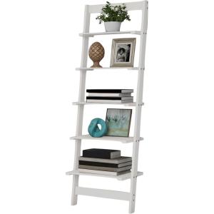 5-Tier Ladder Shelf – 50-Inch Narrow Leaning Bookshelf – Wooden Bookcase for Living Room, Bathroom, Kitchen, Office, or Bedroom Furniture by Lavish Home (Oak)(White)