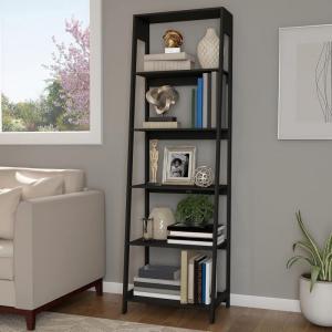 Alaterre Furniture 5-Tier Ladder Bookshelf – Freestanding Wooden Bookcase Frame with Leaning Look – Shelves for Home and Office Storage (Black)