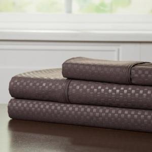 Brushed Microfiber Sheet Set- 3 Piece- Embossed Checkered Bed Linens- Deep Pocket Fitted & Flat Sheets, Plus A Pillowcase by Lavish Home (Twin, Blue)(Brown)
