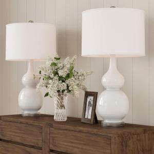 Ceramic Table Lamps – Set of 2 Double Gourd Vintage-Style Accent Lights for Bedroom, Living Room, or Office with LED Bulbs by Lavish Home (White)(Milky White)