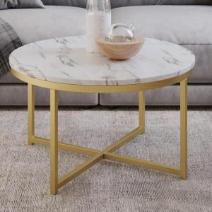 Coffee Table with Faux Marble Top – Modern Round Accent Table with Metal Crossbeam Base – Coffee Tables for Living Room by Lavish Home (White/Gold)