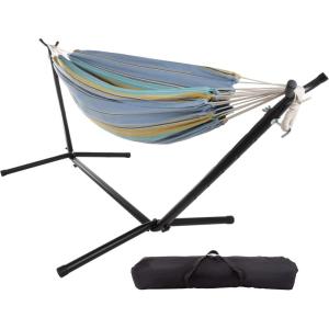 Double Brazilian Hammock with Stand Included – Woven Cotton, 2-Person, Outdoor Swing with Frame for Camping, Backyard, or Patio by Pure Garden