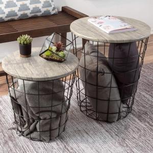 End Tables Set of 2 – Nesting Tables with Removable Wood Tops and Metal Basket Bases for Blanket Storage – Round Side Pieces for Living Room, Bedroom, or Home Office by Lavish Home (Black)(Grey)
