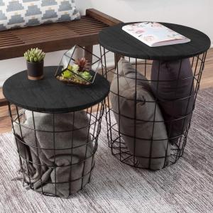 End Tables Set of 2 – Nesting Tables with Removable Wood Tops and Metal Basket Bases for Blanket Storage – Round Side Pieces for Living Room, Bedroom, or Home Office by Lavish Home (Black)(Black)