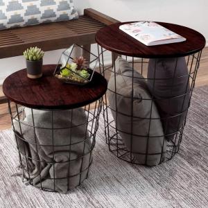 End Tables Set of 2 – Nesting Tables with Removable Wood Tops and Metal Basket Bases for Blanket Storage – Round Side Pieces for Living Room, Bedroom, or Home Office by Lavish Home (Black)(Cherry)