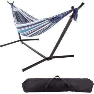 Fabric Hammock with Stand Included – Portable Hammock with Carry Bag and Powder-Coated Steel Frame for Travel or Backyard by Pure Garden (Blue Stripe)